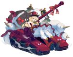  1girl absurdres blonde_hair blue_eyes boots bow character_request christmas christmas_ornaments christmas_tree dress fang full_body fur-trimmed_boots fur_cuffs fur_trim hat highres holding holding_sack horned_hat long_hair official_art open_mouth pantyhose panzer_waltz red_boots red_bow red_dress red_hat sack sitting smile snowman solo white_background white_bow white_pantyhose zhu_fun 