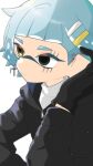  1girl artist_name black_eyes black_gloves black_hoodie blue_hair closed_mouth commentary_request ear_piercing facing_to_the_side gloves hair_ornament hairclip hand_up heterochromia highres hood hood_down hoodie inkling inkling_player_character long_sleeves parallel_hairclips piercing pointy_ears scar scar_across_eye scar_on_face short_hair signature simple_background solo splatoon_(series) syoutoktaishi_63 tentacle_hair upper_body white_background yellow_eyes 