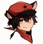  1boy alunya anarcho-communism animal_ear_fluff animal_ears bandana black_bandana black_hair cat_boy cat_ears flag_bandana flat_cap genderswap genderswap_(mtf) hat leftypol lemondool looking_at_viewer male_focus portrait red_bandana red_eyes short_hair smile smirk solo white_background 