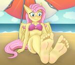  5_toes anthro barefoot beach blue_eyes blush bra clothed clothing cutie_mark embarrassed equid equine feet female fluttershy_(mlp) foot_fetish foot_focus friendship_is_magic hair hasbro humanoid_feet mammal my_little_pony outside pegasus pink_hair plantigrade seaside sitting soles solo toes underwear wings zorgy 