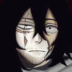  1boy aizawa_shota bags_under_eyes black_hair blue_eyes boku_no_hero_academia broken_mask close-up closed_mouth crack cracked_kawaii_mask cracked_mask crying crying_with_eyes_open facial_hair hair_between_eyes long_hair male_focus mask neveah_578 revealing_layer scar scar_on_face scarf simple_background split_theme stubble tears 
