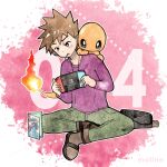  1boy :o bag black_bag blue_oak blush boots bright_pupils brown_boots brown_eyes brown_hair charmander closed_mouth collarbone commentary english_commentary fire flame-tipped_tail full_body green_eyes green_pants handheld_game_console highres holding holding_handheld_game_console jewelry long_sleeves male_focus mofinngram necklace nintendo_switch nostrils official_art_inset on_shoulder open_mouth outline pants playing_games playing_video_games pokedex_number pokemon pokemon:_let's_go_pikachu!_and_let's_go_eevee! pokemon_(creature) pokemon_on_shoulder pokemon_sword_and_shield purple_shirt shirt short_hair sitting smile spiked_hair tail unworn_bag video_game_case white_outline white_pupils zacian zacian_(crowned) 