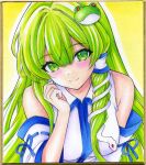  1girl bare_shoulders blue_ribbon blue_trim blush breasts closed_mouth collared_shirt colored_pencil_(medium) commentary_request detached_sleeves dot_nose frog_hair_ornament green_eyes green_hair hair_between_eyes hair_intakes hair_ornament hair_tubes hand_up head_tilt kochiya_sanae leaning_forward long_hair looking_at_viewer marker_(medium) medium_breasts nightmare77zx nontraditional_miko outline painting_(medium) photo_(medium) ribbon shikishi shirt simple_background single_hair_tube sleeve_ribbon sleeveless sleeveless_shirt smile snake_hair_ornament solo split_mouth touhou traditional_media upper_body watercolor_(medium) white_outline white_shirt white_sleeves yellow_background 