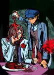  2boys alcohol blood blue_jacket blue_necktie boutonniere brown_hair chobaba00 commentary_request constricted_pupils covering_own_mouth dimitri_allen flower food future_luke hat highres holding holding_knife jacket knife korean_commentary looking_at_another looking_down multiple_boys necktie newsboy_cap pants pouring_onto_another professor_layton professor_layton_and_the_unwound_future red_flower red_pants red_rose rose sitting spider_lily spotlight steak suit tearing_up vase vest waistcoat wavy_hair wine 