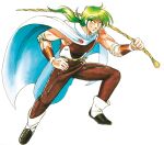  1990s_(style) 1boy belt boots brown_pants brown_shirt cape english_commentary full_body gauze_on_arm gem green_eyes green_hair holding holding_staff lyle_(phantasy_star) official_art ozaki_toyo pants phantasy_star phantasy_star_iii ponytail red_gem retro_artstyle shirt simple_background sleeveless sleeveless_shirt smirk solo staff vambraces white_background white_boots white_cape 