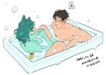  2021 :d anthro bathtub biped breasts brown_hair bubble claws cute_fangs dated digital_media_(artwork) domestic_cat duo eyes_closed felid feline felis female finger_claws fur green_body green_fur hair human humanoid_hands japanese_text kemono long_hair male mammal medium_breasts monotone_body monotone_claws monotone_fur monotone_hair monotone_pawpads monotone_skin nude open_mouth open_smile partially_submerged pawpads rubber_duck short_hair simple_background smile tan_body tan_skin teal_body teal_claws teal_hair teal_pawpads teteteko text water white_background 