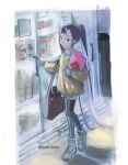  1girl absurdres artist_name black_pantyhose border can canned_coffee check_commentary clip_studio_paint_(medium) closed_mouth coffee commentary_request convenience_store drink_can english_commentary eudetenis full_body glass_door_refrigerator hair_between_horns highres holding horns indoors long_hair long_sleeves looking_at_viewer mixed-language_commentary original pantyhose ponytail purple_eyes purple_hair romaji_commentary shoes shop shorts sidelocks sketch skin-covered_horns solo standing standing_on_one_leg sweater very_long_hair white_border white_shorts yellow_sweater 