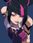  1girl asymmetrical_bangs black_hair blue_background breasts commentary green_nails han_juri heterochromia highres korean_commentary leaning_forward lineni looking_at_viewer medium_breasts multicolored_hair open_mouth pink_streaks simple_background smug solo streaked_hair street_fighter vest white_vest 