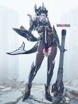  1girl absurdres armor bodystocking breasts building cannon cetacean_tail character_name chinese_commentary commentary_request covered_groin covered_navel exhaust_pipe fins fish_tail full_body hair_between_eyes hair_over_one_eye hand_on_own_hip headgear highres holding holding_cannon holding_weapon huixing_chloy large_breasts leg_armor legs long_hair mecha_musume mechanical_boots mechanical_gloves orca_girl original outdoors parted_lips personification red_eyes ruins sharp_teeth simple_background smile standing tail teeth thighs torn_bodystocking torn_clothes weapon white_background white_hair world_of_tanks 