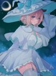  1girl absurdres animal_ears belt blonde_hair blue_belt capelet closed_mouth commentary crescent_moon dress english_commentary garter_straps green_eyes hair_between_eyes hair_ribbon hand_on_headwear hat hat_ribbon highres indie_virtual_youtuber kokomi_(aniesuakkaman) light_blush light_smile moon nimi_nightmare ribbon solo tapir_ears thighhighs virtual_youtuber white_dress white_thighhighs witch_hat 