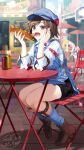  2girls absurdres blue_hat blue_socks blue_sweater_vest boots brown_boots brown_eyes brown_hair bucchake_(asami) chair commentary_request eating elbows_on_table food hand_on_own_cheek hand_on_own_face hat highres holding holding_food hot_dog kazama_asuka ketchup_bottle lili_(tekken) multiple_girls mustard_bottle on_chair open_mouth shirt short_hair sitting socks solo_focus sweater_vest table tekken tekken_8 white_shirt 