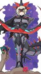  1boy 1girl absurdres anger_vein arm_blade armored_bodysuit bald blonde_hair bodysuit border breasts commentary_request dillo_(smootharmadillo) dinomorphia_kentregina duel_monster forehead_protector headgear hetero highres korean_commentary mechanical_tail orange_eyes purple_background reptile_girl signature slit_pupils stepped_on tail weapon white_border yu-gi-oh! 