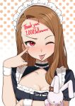  1girl :p ;) ;p absurdres akanbe blush body_writing breasts brown_hair cleavage closed_mouth commentary_request enmaided eyelid_pull forehead forehead_writing hand_up highres holding holding_stuffed_toy idolmaster idolmaster_(classic) long_hair looking_at_viewer maid maid_headdress milestone_celebration minase_iori one_eye_closed red_eyes smile solo stuffed_animal stuffed_rabbit stuffed_toy thank_you tongue tongue_out upper_body usa-chan_(idolmaster) yuki_y345 