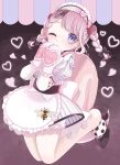  1girl apron bee black_bow black_hair blue_eyes bow braid bug commentary_request covering_own_mouth cross cross_earrings earrings english_text heart heart_background high_heels highres jewelry magical_girl mahou_shoujo_ikusei_keikaku mahou_shoujo_ikusei_keikaku_black maid maid_headdress multicolored_hair one_eye_closed pink_hair qoo_1025 tail tetty_goodgripp twin_braids 