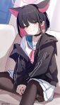 1girl absurdres animal_ears artist_name astnya black_choker black_hair black_jacket blue_archive blue_sailor_collar cat_choker cat_ears cat_girl choker closed_mouth colored_inner_animal_ears colored_inner_hair commentary couch extra_ears figure_four_sitting foot_out_of_frame halo highres hood hooded_jacket jacket jacket_partially_removed kazusa_(blue_archive) looking_ahead multicolored_hair neckerchief no_shoes pantyhose pink_hair pink_halo pink_neckerchief pleated_skirt red_eyes sailor_collar school_uniform serafuku shirt short_hair sitting skirt smile toes two-tone_hair white_serafuku white_shirt white_skirt 