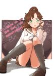  1girl absurdres bishoujo_senshi_sailor_moon black_panties blush brown_sailor_collar brown_shoes brown_skirt commentary embarrassed english_text green_eyes grey_socks hair_bobbles hair_ornament highres kino_makoto kino_makoto's_school_uniform loafers long_sleeves looking_at_viewer panties pantyshot ponytail sailor_collar school_uniform serafuku shoes skirt socks solo sugajyun underwear untranslatable_commentary 