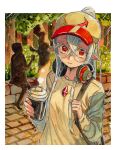  1girl 2023 2others absurdres aeria_(eudetenis) bag baseball_cap border check_commentary closed_mouth coffee colored_eyelashes commentary_request crossed_bangs cup disposable_cup elf english_commentary eudetenis glasses grey_hair hair_between_eyes hair_through_headwear hat headphones headphones_around_neck high_ponytail highres holding holding_cup holding_strap long_hair long_pointy_ears long_sidelocks looking_at_viewer mixed-language_commentary multiple_others original outdoors outside_border painting_(medium) pointy_ears ponytail red_eyes romaji_commentary round_eyewear shoulder_bag sidelocks sitting smile standing traditional_media tree upper_body watercolor_(medium) white_border 