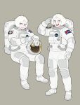  1girl astronaut blue_eyes grey_background hellonearthiii helmet highres holding holding_unworn_helmet icelandic_flag looking_at_viewer multiple_views open_mouth original ragna_(hellonearthiii) salute simple_background sitting solo space_helmet standing teeth unworn_headwear unworn_helmet upper_teeth_only white_hair 