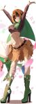  1girl absurdres arms_up belt black_hair black_shirt blue_flower blunt_bangs blush boots breasts capelet cargo_shorts commentary_request crop_top cropped_shirt flower gardenia_(pokemon) green_boots green_capelet grin high_heel_boots high_heels highres large_breasts long_sleeves looking_at_viewer midriff momdy_(talesshinja) multicolored_hair navel open_mouth orange_eyes orange_hair orange_shorts pokemon pokemon_(creature) pokemon_diamond/pearl/platinum red_eyes red_flower roserade shirt short_hair shorts smile two-tone_hair 