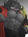  1_eye abs anthro big_pecs breath bulge clenched_teeth clothed clothing digital_media_(artwork) elden_ring fromsoftware hi_res horn humanoid licking looking_at_viewer male mohg_lord_of_blood monster monstrous_humanoid muscular muscular_male nipple_piercing nipples omen_(elden_ring) open_mouth partially_clothed pecs piercing serratus sharp_teeth simple_background solo teeth tongue tongue_out topwear video_games wdp66281167 yellow_eyes 