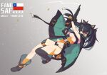  1girl asymmetrical_legwear black_cloak black_hair breasts buckle character_name chilean_flag cloak clothing_cutout commentary_request copyright_name famae_saf full_body girls'_frontline gloves green_cloak green_hair gun hair_between_eyes highres holding holding_gun holding_weapon long_hair looking_at_viewer medium_breasts mismatched_legwear multicolored_hair orange_socks panties saf_(girls'_frontline) shell_casing single_thighhigh smoke smoking_barrel snap-fit_buckle socks solo streaked_hair submachine_gun thigh_strap thighhighs thighs twintails two-tone_hair typo underboob underboob_cutout underwear weapon yellow_eyes yellowpaint. 