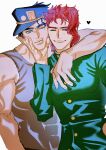  2boys black_hair black_hat blush buttons cherry_earrings closed_mouth commentary_request ear_piercing earrings eyelashes food-themed_earrings green_eyes grey_tank_top hand_on_another's_chin hand_on_another's_shoulder hat heart highres jewelry jojo_no_kimyou_na_bouken kakyoin_noriaki kujo_jotaro multiple_boys one_eye_closed peaked_cap piercing pu_ukatsu purple_eyes red_hair school_uniform short_hair simple_background stardust_crusaders tank_top white_background 