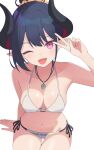  1girl :d ;d arm_behind_back bikini blue_archive blush breasts chiaki_(blue_archive) chiaki_(swimsuit)_(blue_archive) cleavage collarbone commentary cowboy_shot demon_girl demon_horns ennhei_one hair_bun hair_ornament hair_scrunchie halterneck hand_up happy horns jewelry medium_breasts missing_halo navel necklace o-ring o-ring_bikini o-ring_top official_alternate_costume official_alternate_hairstyle one_eye_closed open_mouth orange_scrunchie pointy_ears red_eyes scrunchie side-tie_bikini_bottom sidelocks simple_background single_hair_bun sitting slit_pupils smile solo string_bikini swimsuit thigh_gap v v_over_head white_background white_bikini 