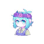  1boy antenna_hair bad_id bad_twitter_id basil_(headspace)_(omori) basil_(omori) blue_overalls blush closed_mouth collared_shirt colored_skin commentary_request double-parted_bangs flower flower_wreath green_eyes green_hair green_shirt hair_between_eyes head_wreath highres korean_commentary looking_at_viewer male_focus morivivi3 omori overalls shirt sidelocks simple_background solo video_thumbnail white_background white_skin 