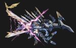  1girl absurdres armor armored_boots bikini_armor black_background blue_hair boots breasts cleavage commentary energy_cannon full_body glowing_gun_barrel hair_intakes highres holding holding_weapon horns huge_weapon large_breasts long_hair mecha_musume mechanical_ears mechanical_horns mechanical_tail mechanical_wings multiple_weapons navel official_art open_mouth powering_up purple_eyes rhine_(starward) solo starward tail untranslatable_commentary very_long_hair weapon wings zhu_fun 