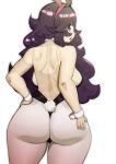  1girl absurdres ahoge alternate_breast_size animal_ears ass backless_outfit black_bow black_bowtie bow bowtie breasts curvy doublehero facing_away fake_animal_ears fake_tail from_behind hand_on_hip hand_on_own_ass hex_maniac_(pokemon) high_heels highres huge_breasts long_hair looking_at_viewer looking_back pantyhose playboy_bunny pokemon pokemon_(game) pokemon_xy purple_eyes purple_hair purple_legwear rabbit_ears rabbit_tail sideboob tail thick_thighs thighs very_long_hair wrist_cuffs 