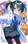  1boy 1girl bemani black-framed_eyewear black_hair black_pantyhose blazer blue_eyes blue_necktie blue_skin blush cancam collared_shirt colored_skin commentary_request dog donut food glasses grey_jacket grey_skirt hair_ornament hairclip hand_on_own_hip highres holding holding_donut holding_food jacket lab_coat necktie omochishiki opaque_glasses open_mouth pantyhose partial_commentary pleated_skirt pop'n_music root@chou_dou-ken shirt short_hair skirt twintails white_shirt yoshio_(pop'n_music) 