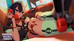  1girl alternate_costume black_hair black_horns black_shirt black_shoes booth_seating commentary corded_phone demon_girl demon_horns demon_tail employee_uniform english_commentary fast_food_uniform full_body hair_between_eyes highres holding holding_phone horns indoors multicolored_hair nanashi_inc. official_art parental_advisory phone pointy_ears purple_eyes red_hair roller_skates ryugasaki_rene shirt shoes short_hair short_sleeves skates sneakers socks solo tail two-tone_hair virtual_youtuber white_socks z_gvjz 