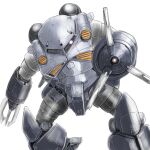  aiming aiming_at_viewer arm_cannon beam_cannon claws commentary firing glowing gundam highres kuroneko_koubou mecha mecha_focus mobile_suit mobile_suit_gundam muzzle_flash no_humans one-eyed_mecha pink_eyes robot science_fiction simple_background solo weapon white_background z'gok zeon 