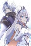  1boy 1girl absurdres ahoge armor armored_dress back-to-back black_tiara blue_eyes breasts coat color_connection commentary_request dress h2o_omizu hair_color_connection highres honkai:_star_rail honkai_(series) honkai_impact_3rd kiana_kaslana kiana_kaslana_(herrscher_of_flamescion) large_breasts long_hair looking_at_viewer phainon_(honkai:_star_rail) short_hair simple_background tiara very_long_hair white_background white_coat white_dress white_hair 