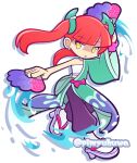  1girl alternate_costume aqua_kimono arm_up baggy_pants bare_shoulders commentary_request earrings full_body grey_sandals hair_ornament hand_fan high_heel_sandals high_heels holding holding_fan japanese_clothes jewelry kimono kimono_partially_removed korallia_(puyopuyo) long_hair looking_to_the_side magatama magatama_hair_ornament official_style pants parted_lips pimyuhuwa pink_ribbon purple_pants puyopuyo puyopuyo_quest red_hair ribbon sandals shaded_face simple_background single_bare_arm single_bare_shoulder socks solo strapless tabi tube_top twintails twitter_username waist_ribbon water white_background white_socks white_tube_top wide_sleeves wristband yellow_eyes 
