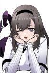  1girl :p ;p absurdres arknights black_hair black_hairband bright_pupils closed_mouth commentary english_commentary grey_eyes hairband head_rest high_heels highres light_blush looking_at_viewer lucia_(luciatehe) lying medium_hair on_stomach one_eye_closed pantyhose priestess_(arknights) purple_pantyhose ringed_eyes shoe_soles shoes simple_background smile solo sweater the_pose tongue tongue_out white_background white_pupils white_shoes white_sweater 