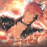  1boy animal_ears bara bearoof black_coat closed_mouth coat collar commentary commission dog_boy dog_ears english_commentary english_text flower furry furry_male head_on_hand highres kemonomimi_mode komano_manato looking_at_viewer lying male_focus multicolored_hair muscular muscular_male on_side pectorals scar scar_across_eye scar_on_chest scar_on_face smile sun upper_body vgen_commission zenless_zone_zero 