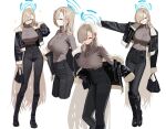  1girl absurdres anyak05 asuna_(blue_archive) bag black_boots black_jacket black_pants blonde_hair blue_archive blue_eyes blue_halo blush boots breasts brown_sweater closed_eyes full_body fur-trimmed_jacket fur_trim grin hair_over_one_eye halo handbag highres jacket jewelry large_breasts long_hair magma_(medium) necklace open_clothes open_jacket paint_chat_(medium) pants smile solo sweater thighs turtleneck turtleneck_sweater undressing very_long_hair 