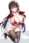  1girl absurdres armor arms_under_breasts bikini bikini_armor black_eyes black_hair black_thighhighs blush borrowed_character breasts choker cinu cleavage collarbone commentary_request commission fingerless_gloves gloves hair_ornament high_heels highres huge_breasts long_hair looking_at_viewer micro_bikini navel original red_bikini red_choker shoulder_armor signature simple_background solo string_bikini swimsuit thighhighs vambraces white_background yuzuriha_sakura 