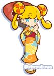  1girl alternate_costume arm_behind_back blonde_hair blue_eyes blush_stickers closed_mouth cloud_print commentary_request double_bun full_body hair_bun hand_fan hand_up holding holding_fan japanese_clothes kimono lightning_bolt_print looking_at_viewer medium_hair mitsudomoe_(shape) obi official_style orange_kimono oversized_object paper_fan pikari_(puyopuyo) pimyuhuwa print_kimono puyopuyo puyopuyo_quest red_sash sandals sash simple_background solo standing tomoe_(symbol) twintails twitter_username uchiwa white_background wide_sleeves yukata zouri 