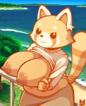  2022 5_fingers absurd_res aggressive_retsuko ailurid anthro areola belly big_breasts bottomwear breasts clothed clothing female fingers hi_res mammal nipples raised_clothing raised_topwear red_panda retsuko sanrio smile solo tophatmahoney topwear 