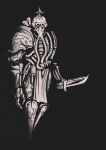  1boy absurdres armor biomechanical commentary dark_background english_commentary explosive full_armor gas_mask greaves grenade highres holding holding_knife holding_weapon knife loincloth machineinsight01 mask original pauldrons power_armor sepia shoulder_armor simple_background spiked_helmet stick_grenade tube weapon 