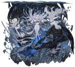  4girls absurdres ass barefoot bit_gag blue_eyes blue_nails breasts chain chained character_request colored_skin commentary_request copyright_request dress fingernails floating_hair gag grey_hair hair_floating_upwards hair_spread_out highres holding holding_chain huge_ass joints large_breasts long_hair looking_at_viewer mechanical_tail multiple_girls no_nipples purple_eyes robot_joints sharp_fingernails sleeveless sleeveless_dress smile submerged tail torn_clothes torn_dress underwater very_long_hair white_dress white_skin zhu_fun 
