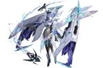  1girl absurdres akashic_chronicle blue_eyes blue_hair breasts closed_mouth commentary_request full_body high_heels highres horns humanoid_robot joints looking_at_viewer mechanical_horns medium_breasts mobile_legends:_bang_bang official_art robot robot_girl robot_joints skin_seams solo white_background wide_sleeves xeno_(mobile_legends) zhu_fun 