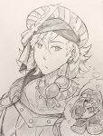  1boy 1girl black_hair blue_hair braid closed_mouth commentary_request couple crescent crescent_earrings dark-skinned_female dark_skin earrings fire_emblem fire_emblem:_fortune's_weave gold_earrings green_eyes hair_ornament hat hat_feather hetero high_ponytail highres jewelry leda_(fire_emblem) long_hair necklace ponytail purple_hair shiratsu_(white-seaside) sirocco_(fire_emblem) solo turban wavy_hair white_background 