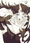  1boy absurdres amduscias_poro artist_request black_nails commentary_request greyscale hand_on_own_hip hand_up highres horns long_hair looking_at_viewer mairimashita!_iruma-kun male_focus monochrome multicolored_hair one_eye_closed pants pectoral_cleavage pectorals pinstripe_jacket pinstripe_pants pinstripe_pattern ponytail single_horn sketch smile solo solo_focus striped_clothes striped_pants two-tone_hair very_long_hair 
