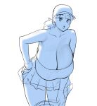  1girl bare_shoulders baseball_cap breasts cleavage collarbone commentary english_commentary erkaz gigantic_breasts hand_on_own_hip hand_on_own_thigh hat highres holding holding_tennis_racket looking_at_viewer monochrome open_mouth original pleated_skirt ponytail racket rina_atherina shirt simple_background skirt solo sportswear strapless strapless_shirt teeth tennis_racket tennis_uniform upper_teeth_only white_background wide_hips 