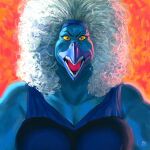  2022 accessory accipitriform anthro avian beak big_breasts big_hair bird blue_body blue_clothing breasts bust_portrait clothed clothing dyna_soar female front_view hair headband hi_res looking_at_viewer open_mouth painting_(artwork) portrait red_background sharp_teeth signature simple_background solo teeth toothed_beak traditional_media_(artwork) vulture vulture_demoness white_hair wrestler wrestler_costume yellow_eyes 