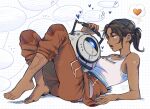  ! 1girl arm_support artist_name barefoot black_hair blank_speech_bubble blue_eyes breasts chell closed_mouth commentary dark-skinned_female dark_skin english_commentary from_side full_body heart highres jumpsuit knees_up lying medium_hair on_back orange_jumpsuit pants pants_rolled_up parted_bangs ponytail portal_(series) portal_2 robot scar scar_on_arm short_ponytail shrimperini sidelocks small_breasts solo speech_bubble spoken_heart wheatley white_background 