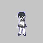  1boy antenna_hair bad_id bad_twitter_id black_eyes black_hair black_shoes blue_outline bright_pupils closed_mouth commentary_request crossdressing crossdressing_(mtf) double-parted_bangs enmaided full_body grey_background hair_between_eyes highres invisible_floor korean_commentary maid male_focus male_maid morivivi3 omori outline shoes short_hair short_sleeves simple_background solo standing sunny_(omori) thighhighs video_thumbnail white_pupils white_thighhighs 